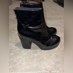 H&M Black Patent Platform Block Heel Ankle Boots